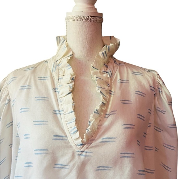 De Loreta Women's White and Blue Ruffle Long Sleeve Blouse Size Small - Picture 2 of 8